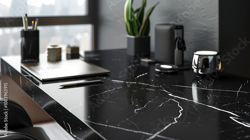 A Stylish Office Desk with a Black Marble Top, Featuring Sleek Modern Accessories and a Minimalist Design