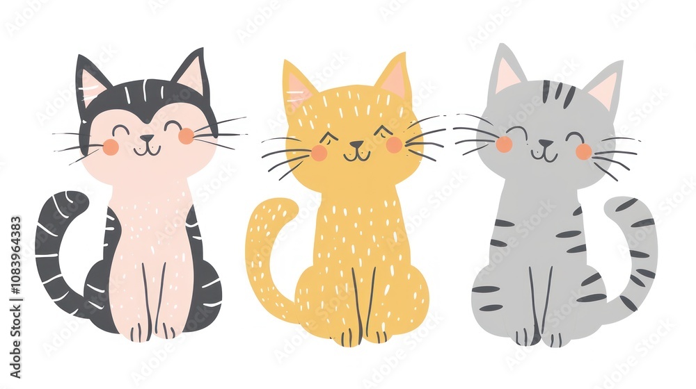 Fototapeta premium Set of cute cats isolated on white background for textile, wrapping paper, posters. Hand drawn, Concept for children print