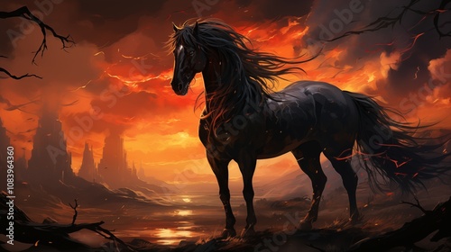 A digital painting of a horse with a long flowing mane and tail made of fire. The horse is standing in a field of tall grass, and there is a large tree in the background. photo