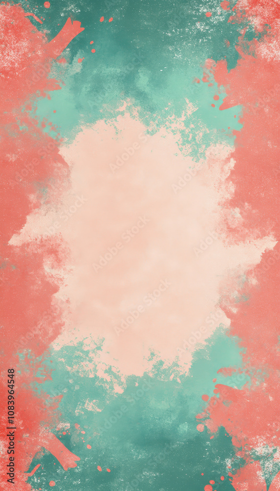 Fototapeta premium Peach and turquoise grunge splash frame with textured edges.