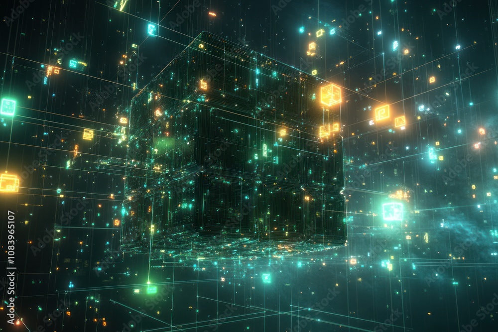 Obraz premium Here's a suggested and keywords for your stock photo.. Glowing digital cube in a network.