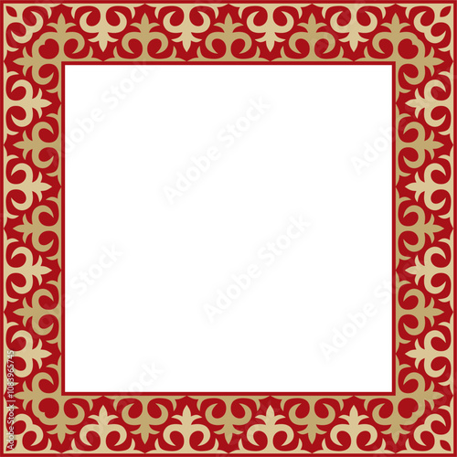 Vector gold with red square Kazakh national ornament. Ethnic pattern of the peoples of the Great Steppe