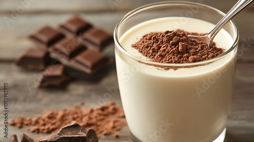 A glass of milk with a spoon stirring in cocoa powder, creating a rich chocolate milk mixture