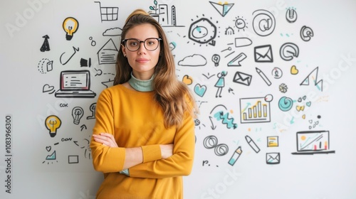 Smart female entrepreneur presenting online course concept using doodle icons on white background