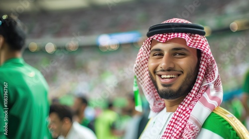 Smiling Arab football fan supporting Saudi Arabia national team in football championship. Man wearing traditional Saudi outfit at sports stadium photo