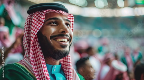 Smiling Arab football fan supporting Saudi Arabia national team in football championship. Man wearing traditional Saudi outfit at sports stadium photo