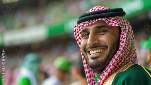 Smiling Arab football fan supporting Saudi Arabia national team in football championship. Man wearing traditional Saudi outfit at sports stadium photo