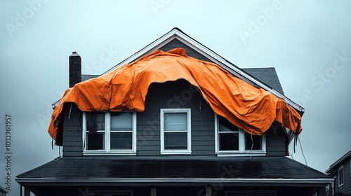 House with orange tarp covering roof, indicating roof repair or storm damage protection, overcast weather photo