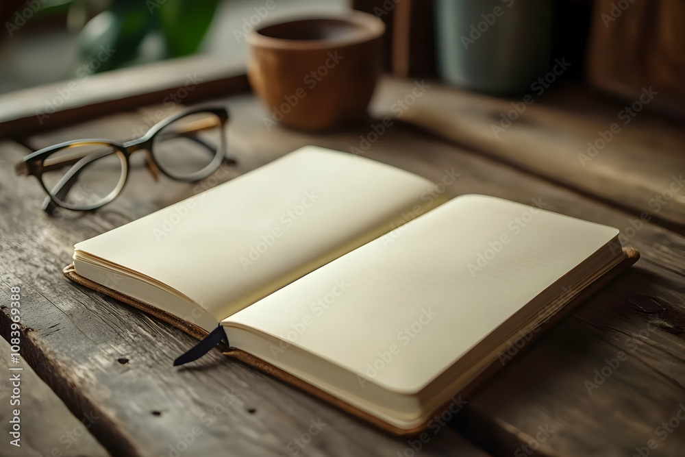 Fototapeta premium Photo Notebook, Glasses, Wooden Table Still Life