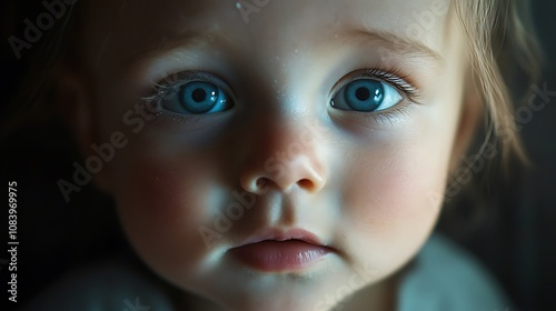 Close-up of a newborn babyâ€™s face with small, round cheeks, softly illuminated by natural light photo