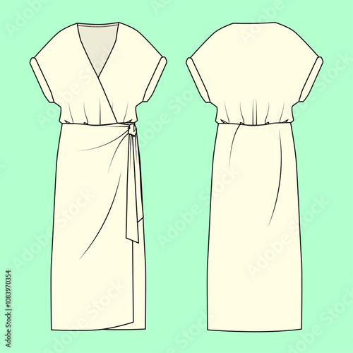 Ladies ecru colour wrap midi vector flat sketch outline fashion illustration template.