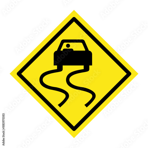 Yellow Wet Road Sign - Slippery symbol of a car on yellow roadsign with curvy tracks