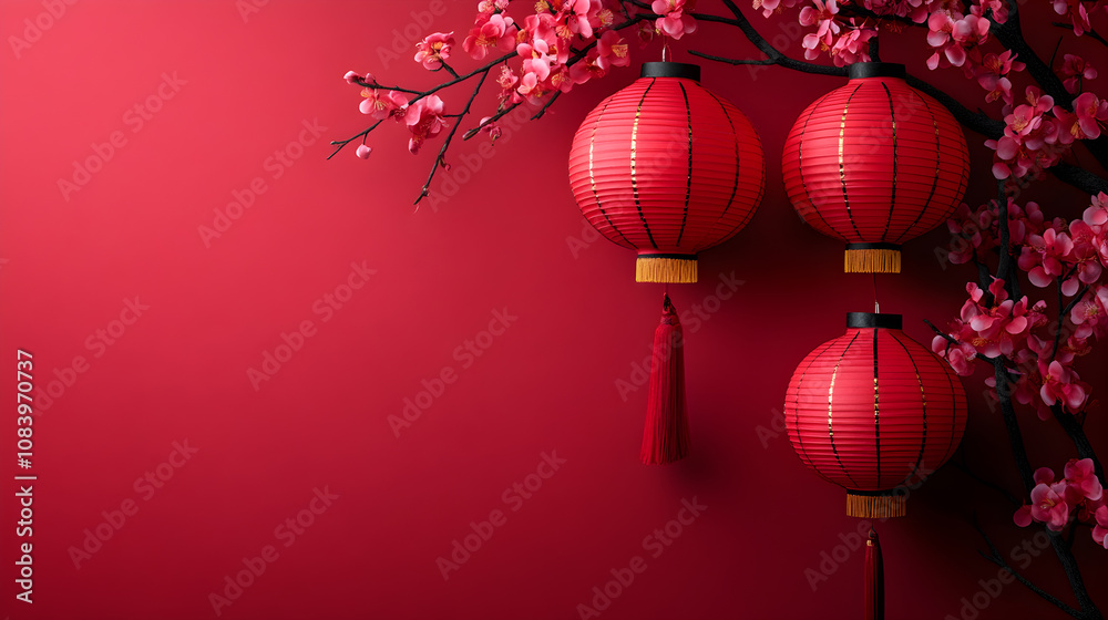 Fototapeta premium Red lantern with branches and flowers on a red background.