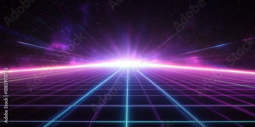 A retro synthwave background with neon grid lines and purple, blue and pink light rays. '80s aesthetic with glowing geometric patterns and grid structures. Retro Sci-Fi Background Futuristic Grid	
 photo