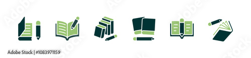 book and pencil icon set education copywriter writing with crayons and book signs vector illustration study research symbol for web and app
