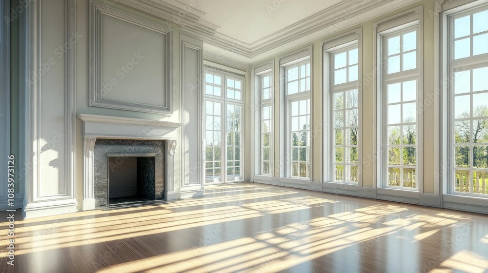 Fototapeta premium A large, empty room with a fireplace and large windows