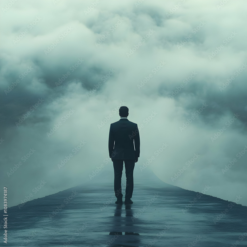 Obraz premium Photo, Man in Suit on Path into Fog, Mystery and Uncertainty