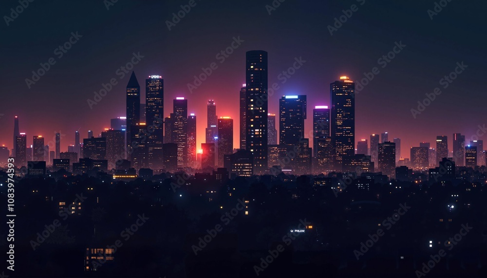 Fototapeta premium Vibrant Futuristic Cityscape in Pink and Purple Hues Under Night Sky