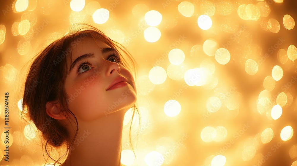 Fototapeta premium Dreamy Portrait of a Young Woman with Radiant Bokeh Lights