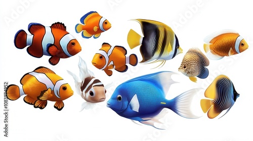 Vibrant Collection of Tropical Reef Fish Clownfish, Angelfish, and More - High-Resolution Stock Image photo