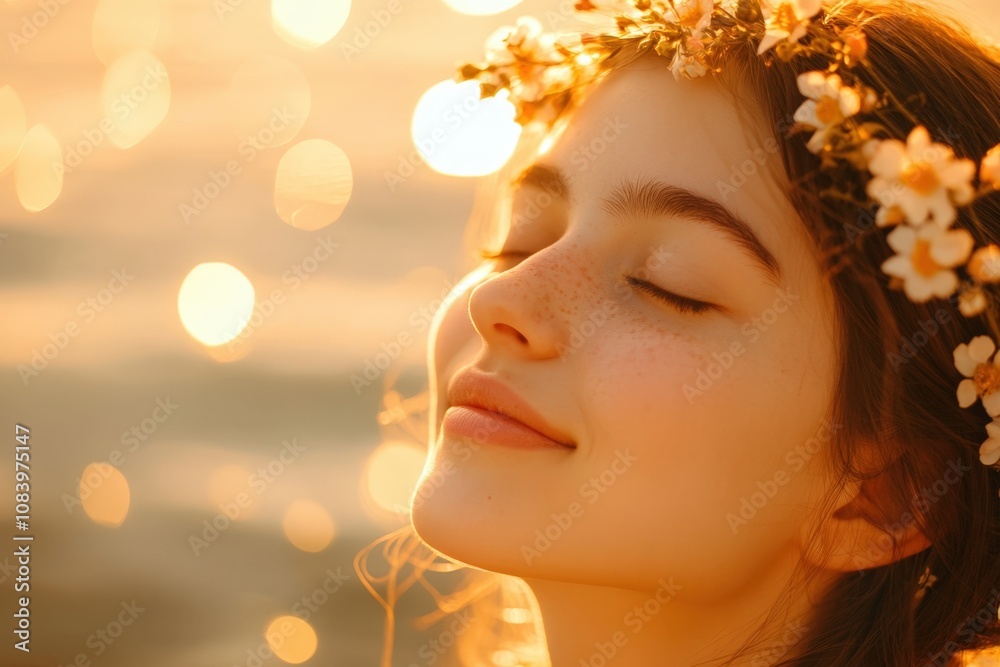 Fototapeta premium serene portrait of a young woman with a floral crown enjoying a peaceful moment in nature