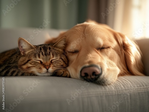 Wallpaper Mural a cat and dog peacefully sleeping together on a couch Torontodigital.ca