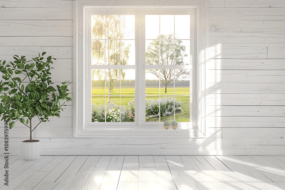 Fototapeta premium Scandinavian style white room with window, summer landscape outside, home design, copy space for text, 3D rendering.
