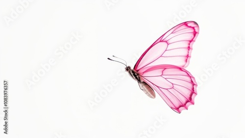 A beautiful pink butterfly with delicate wings spreads its wings elegantly against a clean white background, close-up, delicate