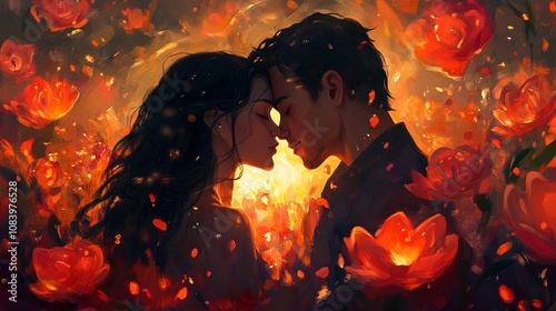 Couple embraces romantic love amidst floral background