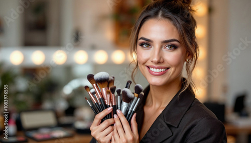 A confident makeup artist showcases her expertise with brushes in a well-lit studio. photo