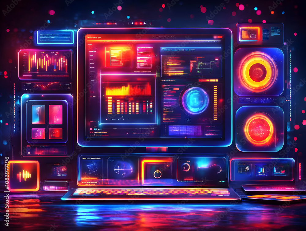 Obraz premium 3D Illustration - Futuristic Neon Data Center with Glowing Screens and Charts