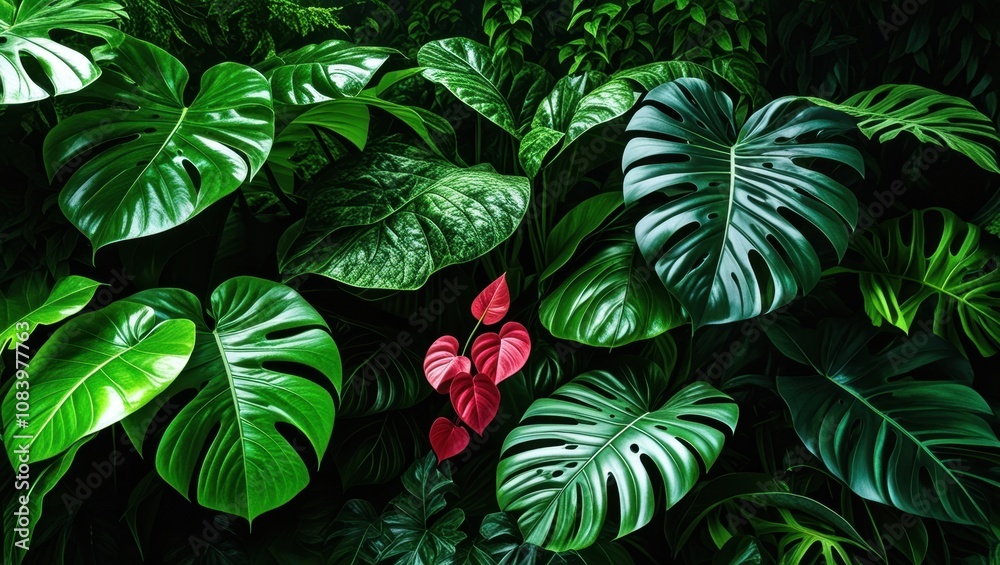 Obraz premium Tropical foliage, vibrant green monstera leaves, deep jungle atmosphere, red exotic flower, lush botanical garden, high contrast, dark background, philodendron, rainforest detail, macro photography, v