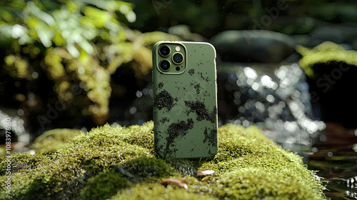 Biodegradable phone case disintegrating on a mossy surface, ultra-realistic textures photo