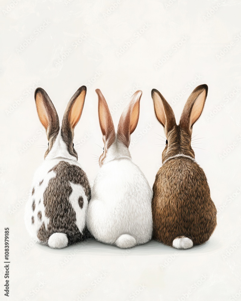 Obraz premium Three Adorable Rabbits Sitting in a Row - Back View Illustration - Easter, Pet, and Springtime Stock Photo