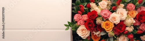 A vibrant arrangement of various roses in shades of red, pink, and peach against a clean, white background.