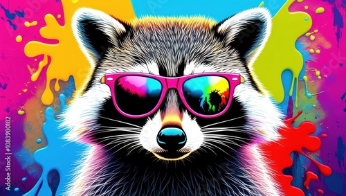 Colorful raccoon portrait, neon sunglasses, vibrant rainbow background, paint splatter effect, pop art style, digital illustration, psychedelic colors, whimsical animal art, bright contrasting hues, f