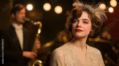 Elegant Female Model in 1920s Flapper Attire with Feather Headpiece at a Jazz Club, Capturing the Glamour and Charm of the Roaring Twenties