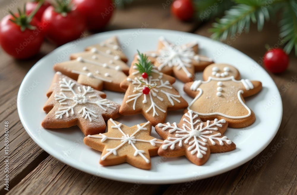 Fototapeta premium Christmas cookies of various shapes (gingerbread men, fir trees, snowflakes) in sugar glaze on a plate