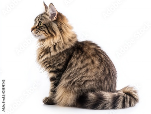 Majestic Norwegian Forest Cat Sitting Profile, Fluffy Brown Tabby Longhair, Isolated on White Background