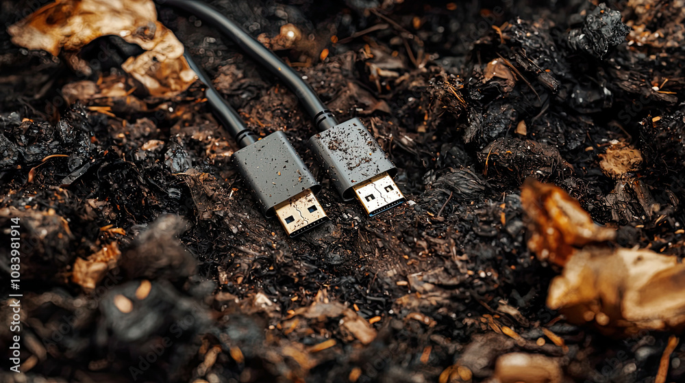 custom made wallpaper toronto digitalBiodegradable USB cables decomposing in a compost pile, highly realistic