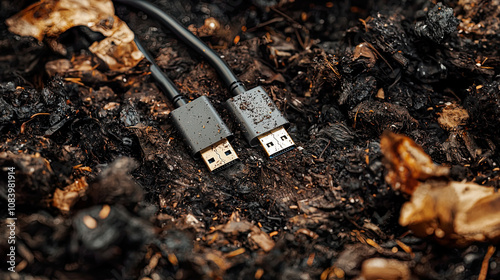 Wallpaper Mural Biodegradable USB cables decomposing in a compost pile, highly realistic Torontodigital.ca