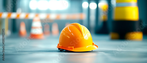 A bright orange hard hat lies on a construction site floor, with safety cones blurred in the background, indicating an active work environment. photo