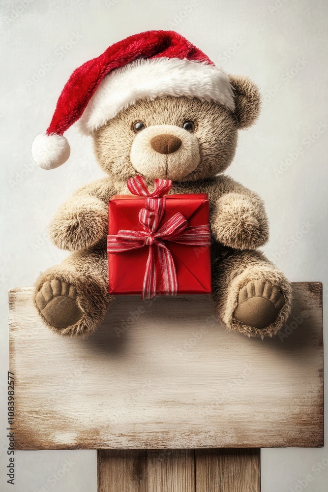 Fototapeta premium Adorable Teddy Bear in Santa Hat Holding Christmas Gift on Rustic Wooden Sign Perfect for Holiday Greetings and Winter Season Designs
