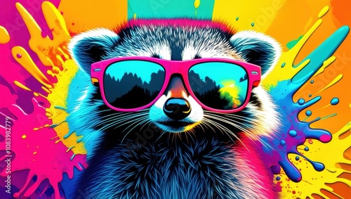 Colorful raccoon portrait, neon sunglasses, vibrant rainbow background, paint splatter effect, pop art style, digital illustration, psychedelic colors, whimsical animal art, bright contrasting hues, f