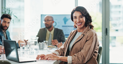 Business woman, portrait and laptop with website research, proposal and planning in meeting at finance job. Office, accountant or online bookkeeper with computer for company revenue, growth and news