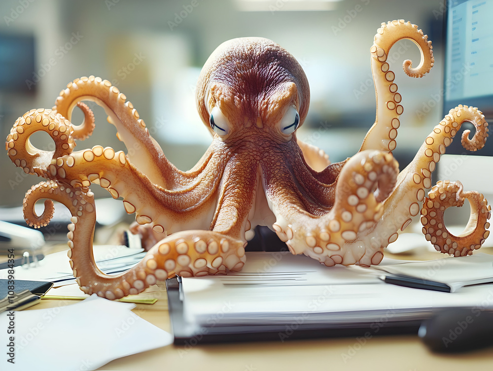 Fototapeta premium 3D Illustration Octopus Office Desk Work Tentacles Papers Computer