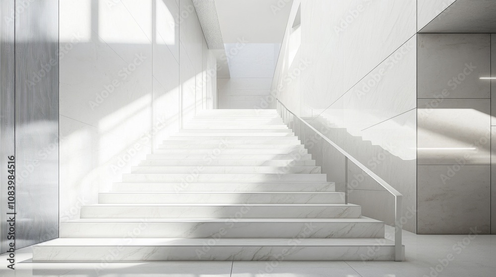 Fototapeta premium Bright and Modern Interior Hallway Featuring Elegant White Stairs with Natural Light Illuminating the Space for a Contemporary Architectural Design