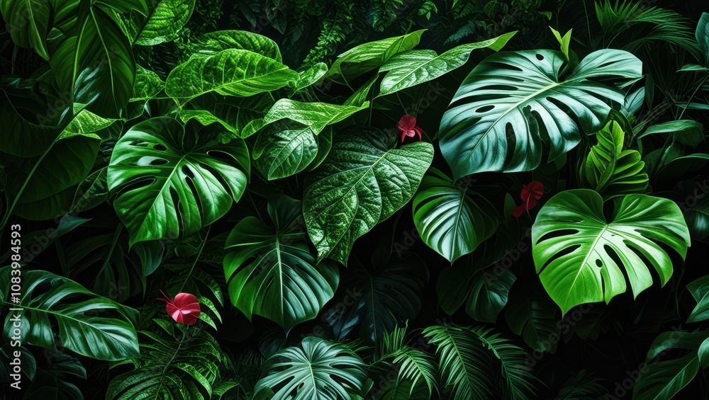 Obraz premium Tropical foliage, vibrant green monstera leaves, deep jungle atmosphere, red exotic flower, lush botanical garden, high contrast, dark background, philodendron, rainforest detail, macro photography, v