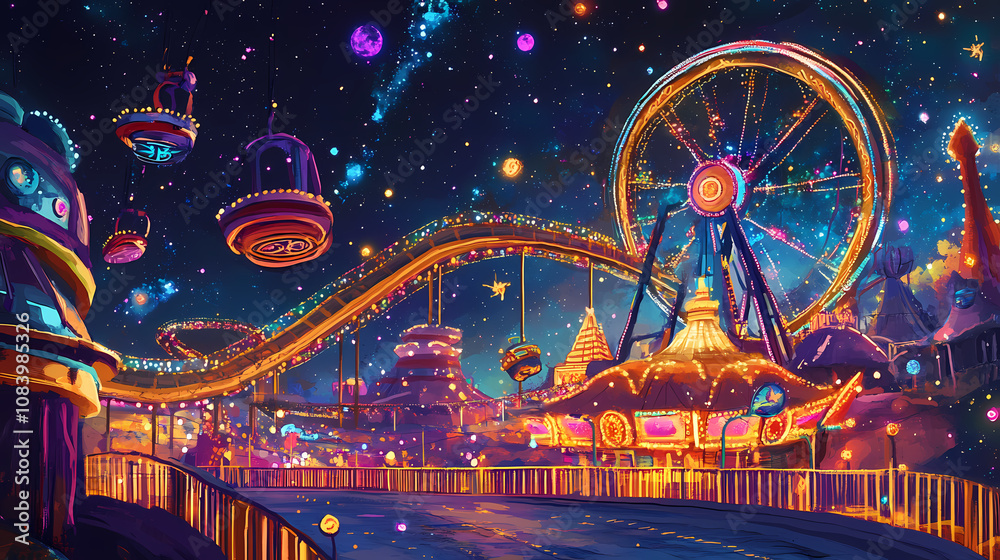 Obraz premium Galactic fairground where rides and attractions defy the laws of physics offering thrills and excitement to visitors from across the cosmos who seek adventure among the stars. Galactic. Illustration