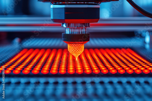 High tech 3D printer nozzle creating intricate designs with red LED lights illuminating workspace. precision and innovation in manufacturing are evident
